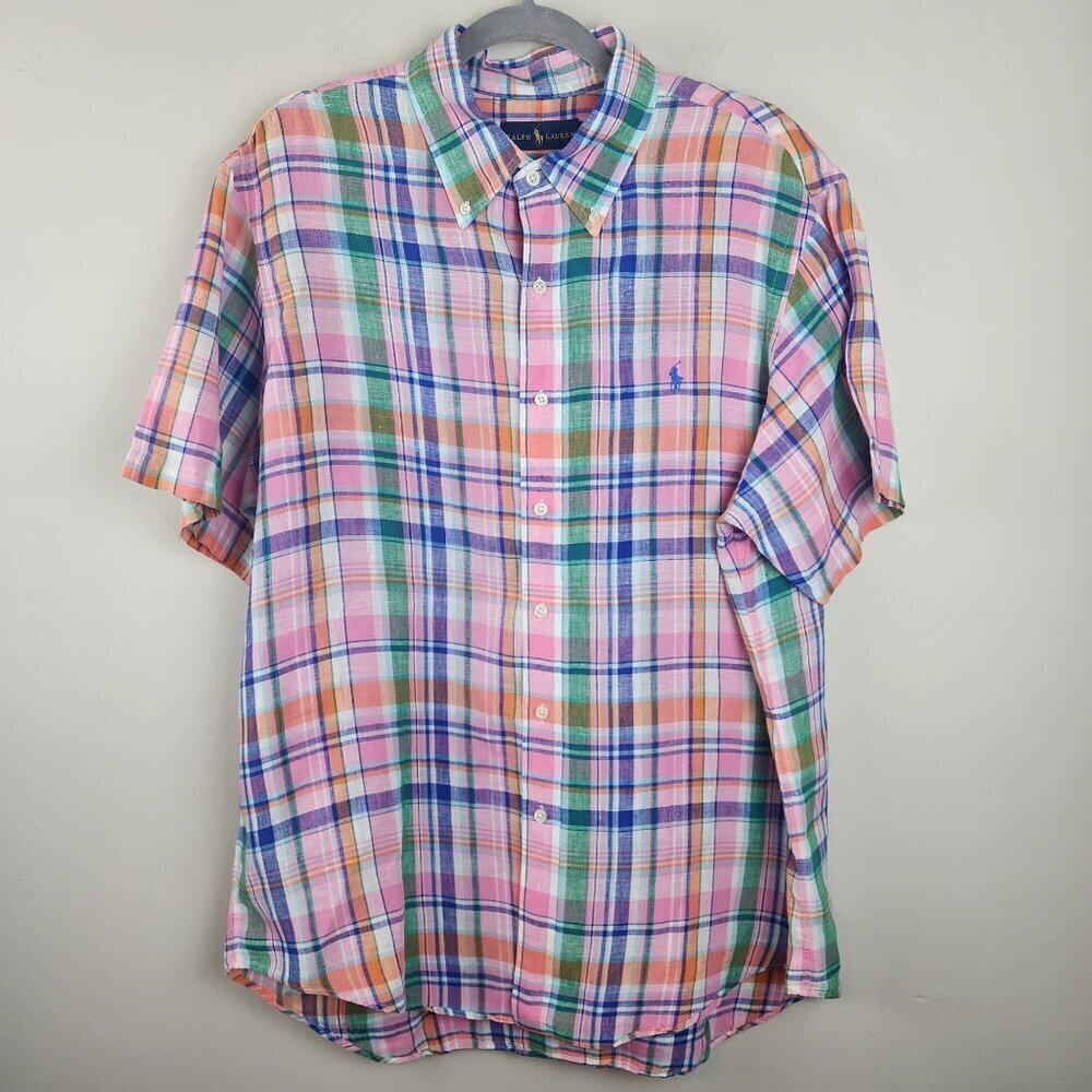 Ralph Lauren plaid linen shirt sz XL men short sleeve beach cruise resort